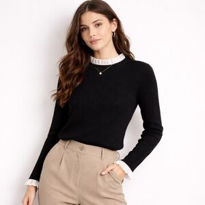 La Chapelle Women's Black Knit Pullover Sweater Mock Neck Ruffle Collar Cuffs S